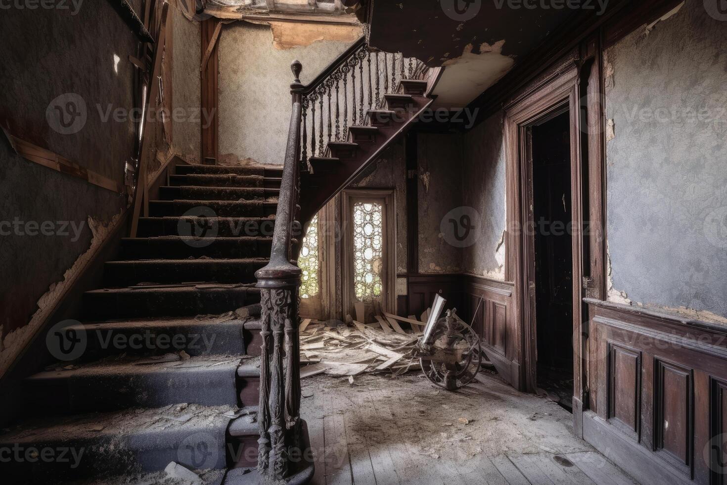 à l'intérieur un abandonné hanté maison établi avec génératif ai technologie. photo