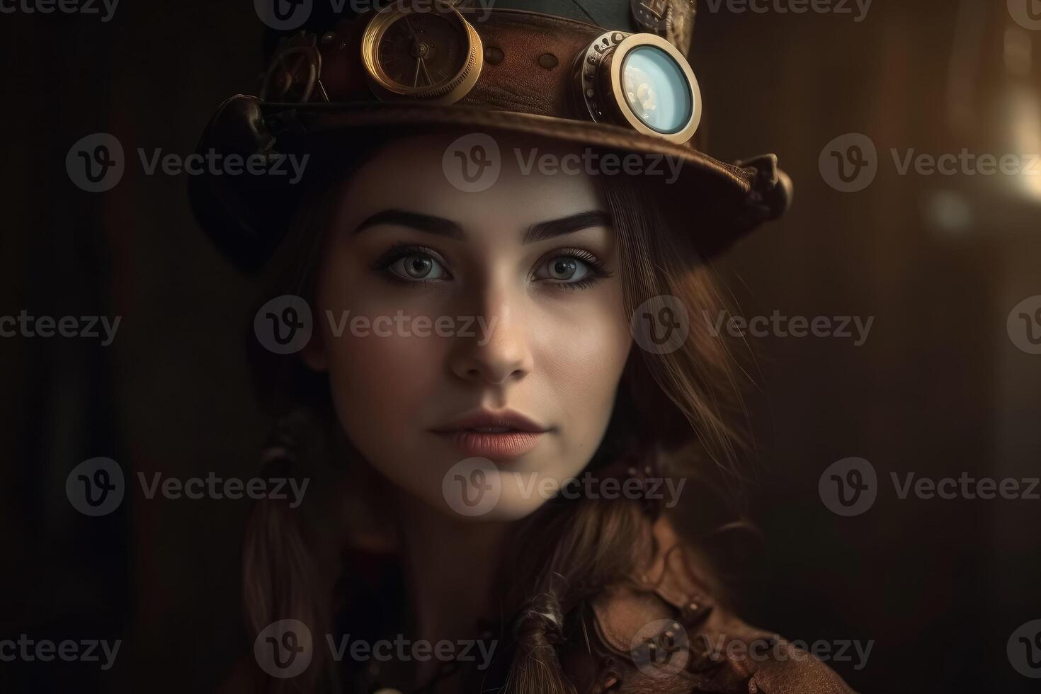 une magnifique portrait de une Jeune femme dans une steampunk tenue établi avec génératif ai technologie. photo