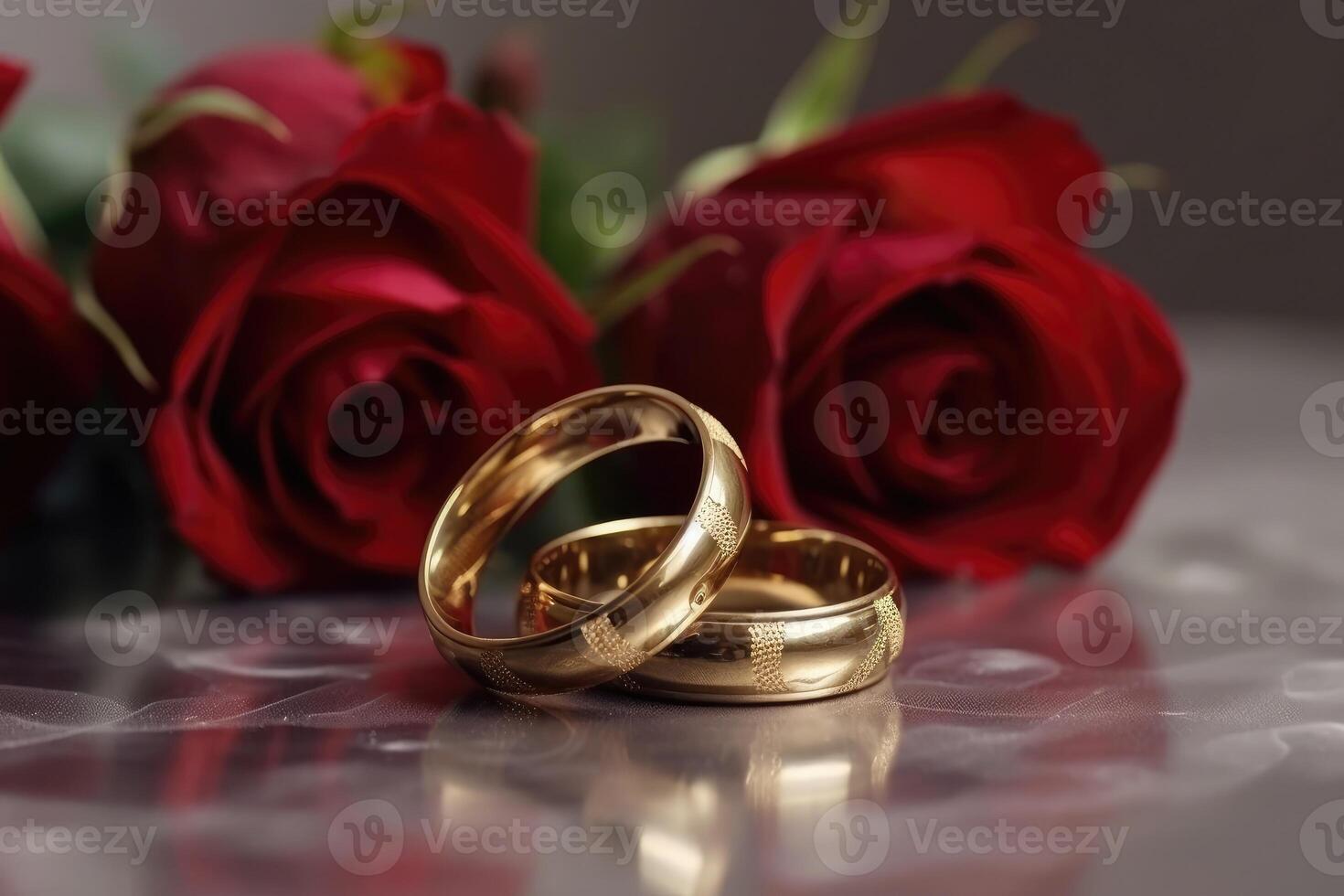 deux mariage anneaux fabriqué de or sur une lumière surface avec certains des roses établi avec génératif ai technologie. photo