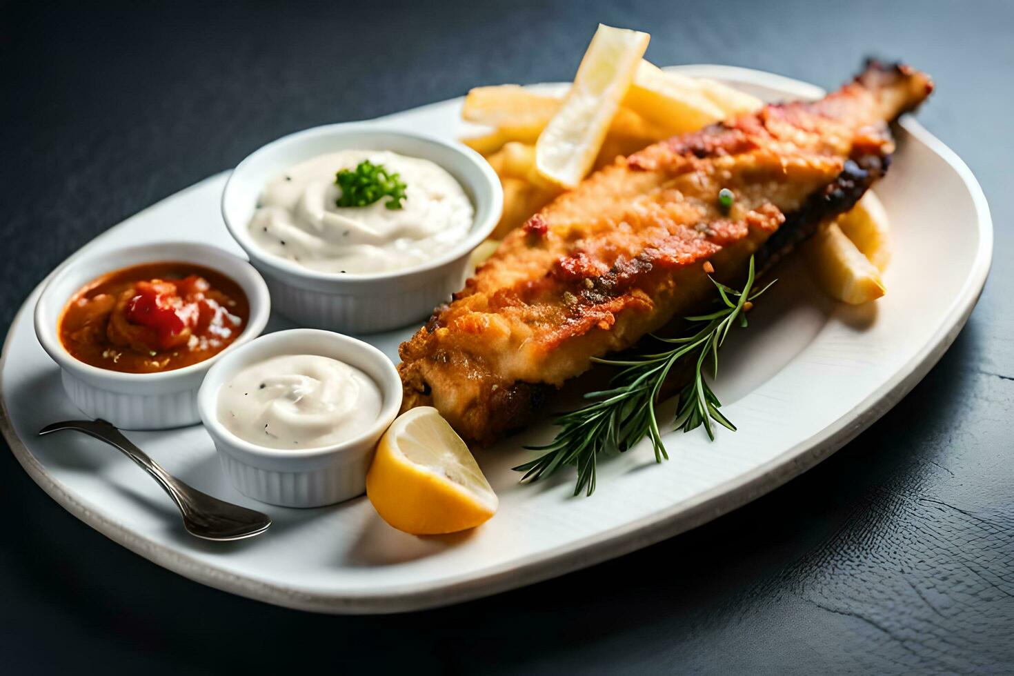 frit poisson avec français frites, tartre sauce et Romarin ai produire photo