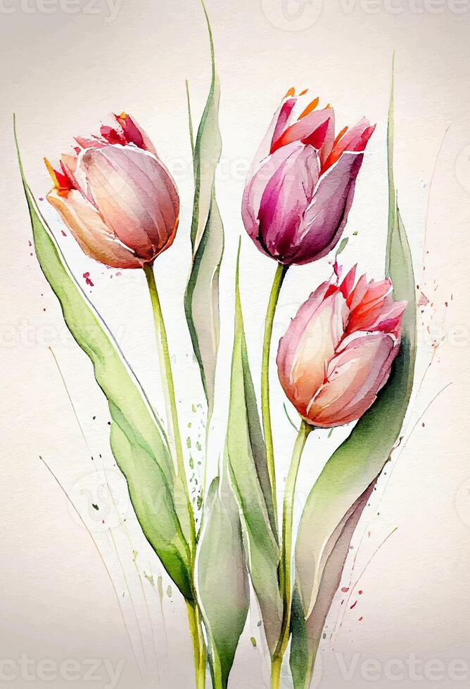 tulipes aquarelle, carte postale ou invitation affiche sur le mur généré par ai photo