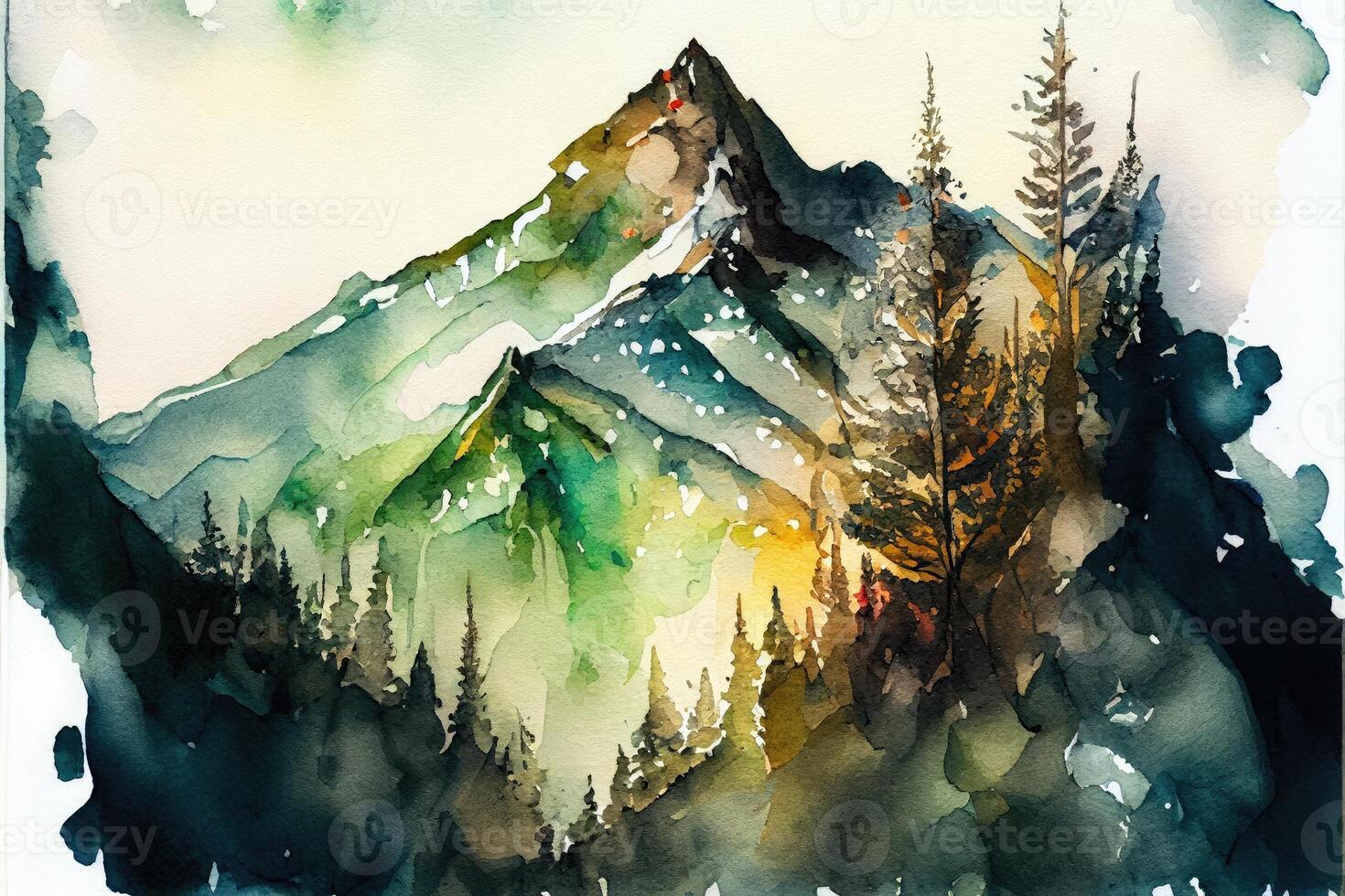 aquarelle Montagne vue avec une rivière et une maison ai génération photo