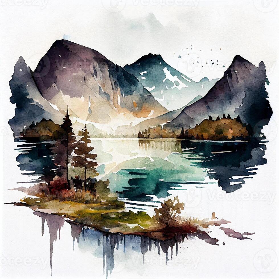 aquarelle Montagne vue avec une rivière et une maison ai génération photo