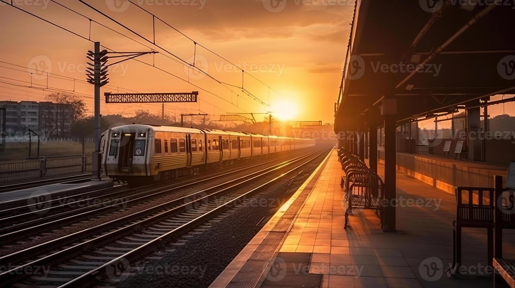 train Arrêtez à chemin de fer station avec coucher de soleil, génératif ai photo