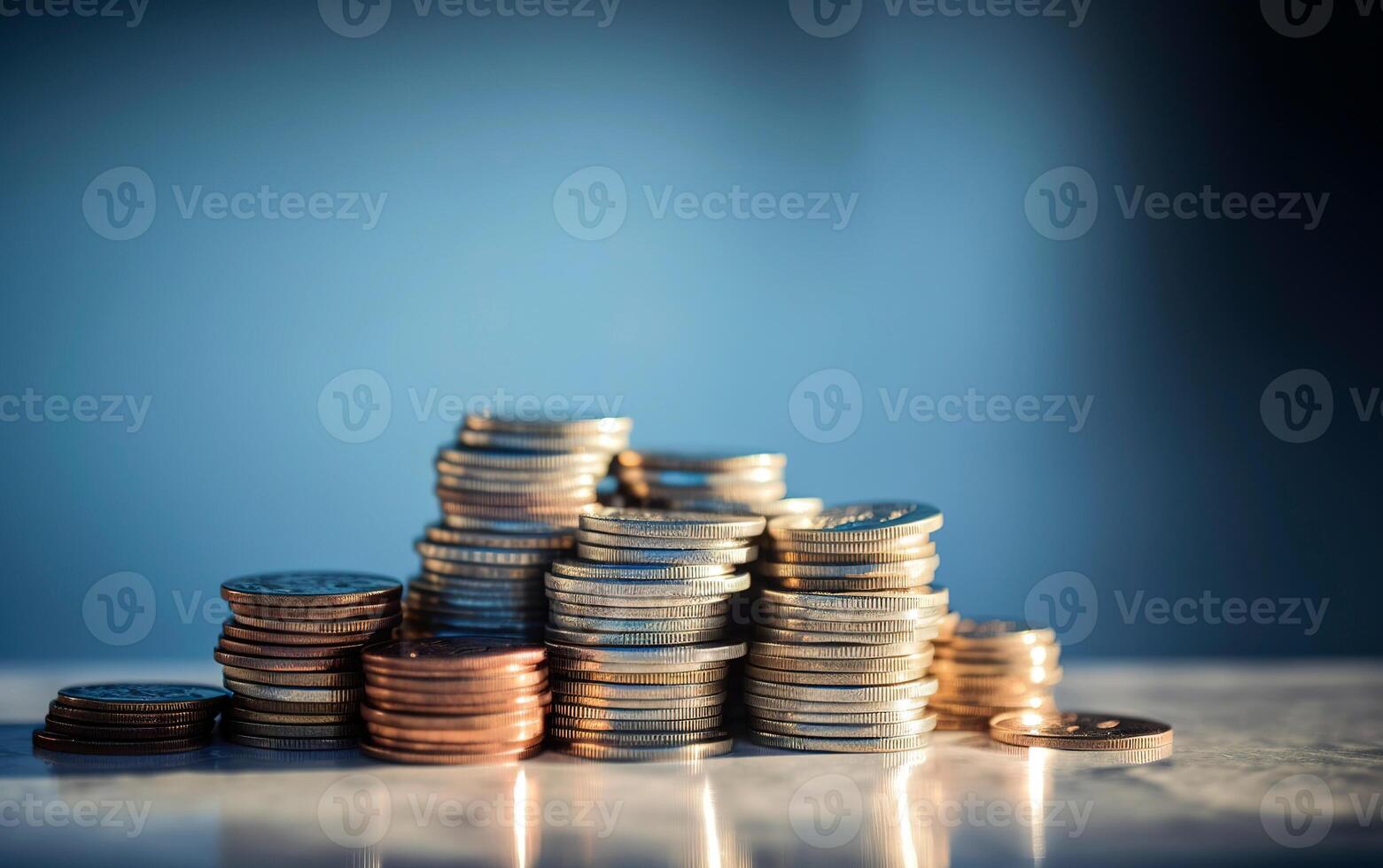 empiler de pièces de monnaie avec bleu Contexte et copie espace. génératif ai. photo