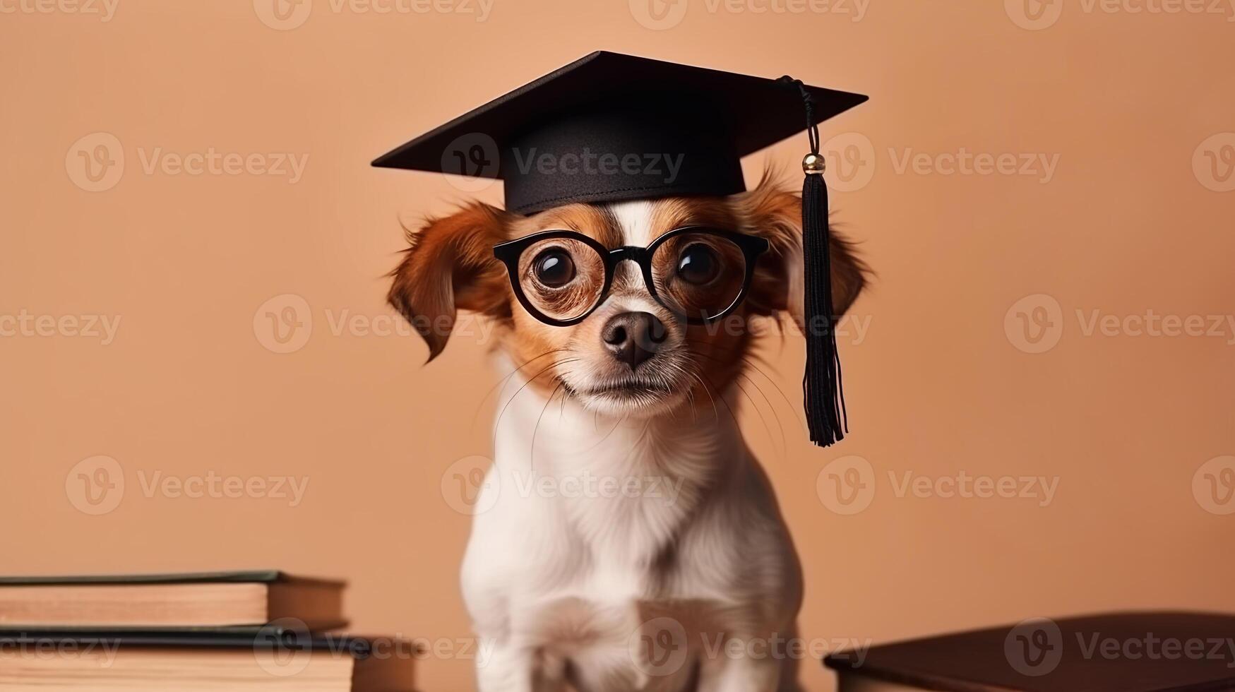 ai généré mignonne petit gingembre blanc chien étudiant dans des lunettes et un académique casquette mortier suivant à livres étude et éducation concept génératif ai photo