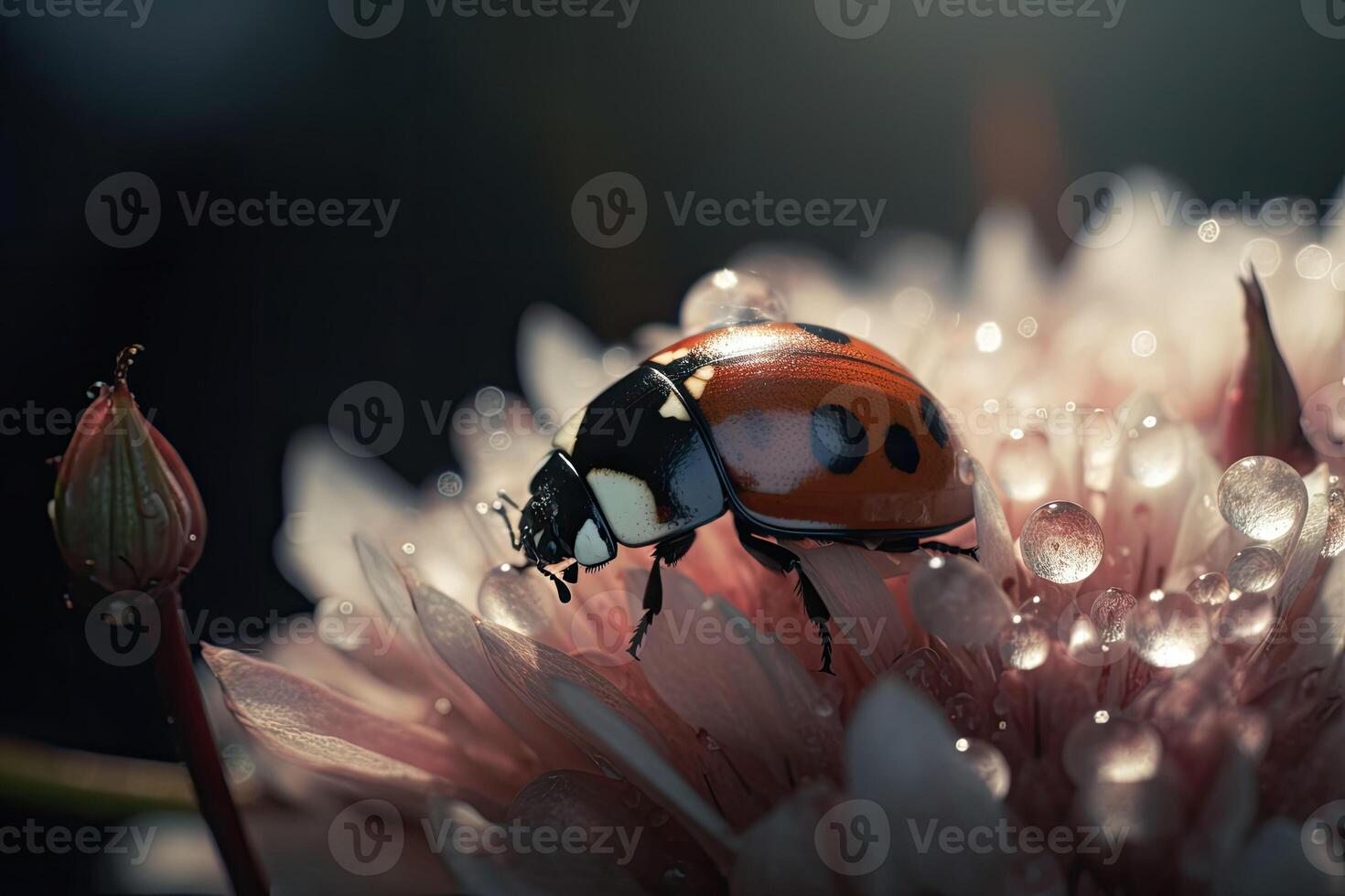 le coccinelle est assis sur une fleur. macro tir, proche en haut. génératif ai photo