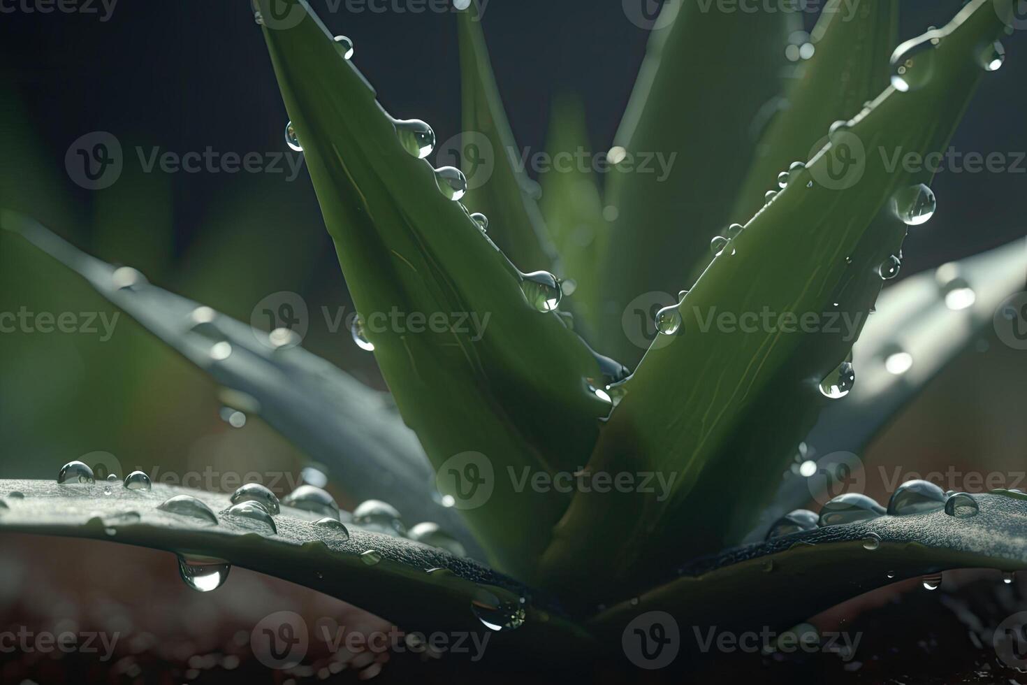 aloès Vera avec le pluie gouttes. une proche en haut de vert feuilles de aloès. génératif ai photo