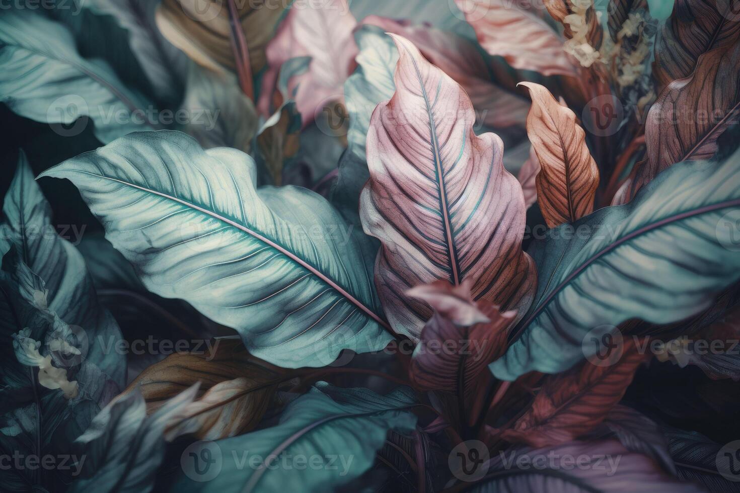 pastel Couleur tropical paume feuilles. la nature printemps concept. minimal été jungle ou forêt modèle. génératif ai photo