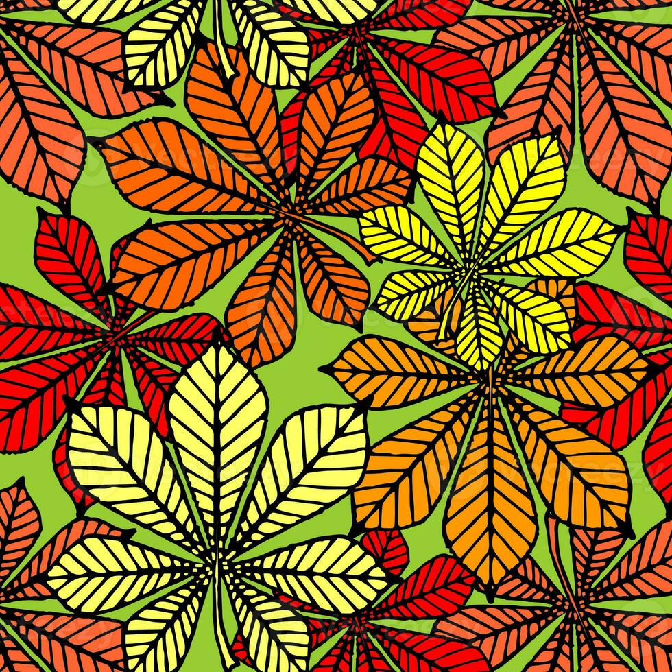 motif harmonieux d'automne brillant de feuilles jaunes et rouges de châtaignier sur fond vert, texture, design photo