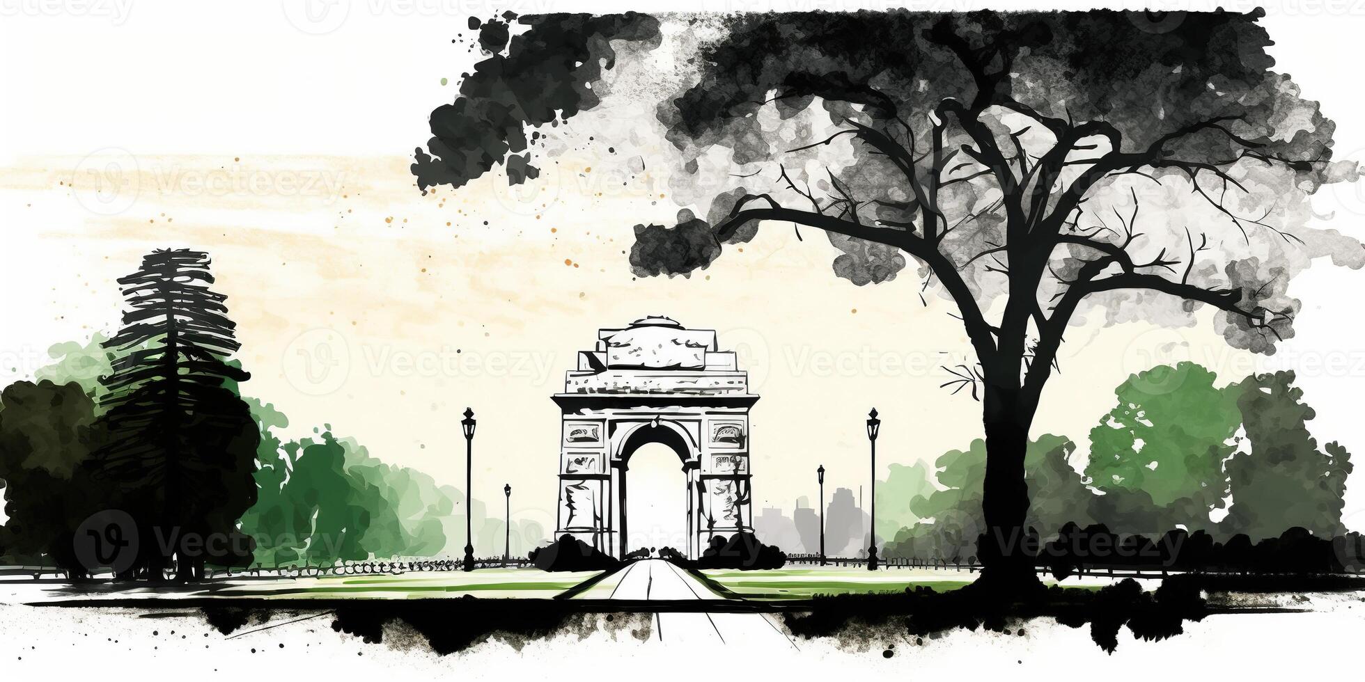 illustration de Inde porte dans Nouveau delhi sur abstrait drapeau tricolore Contexte. ai généré. photo