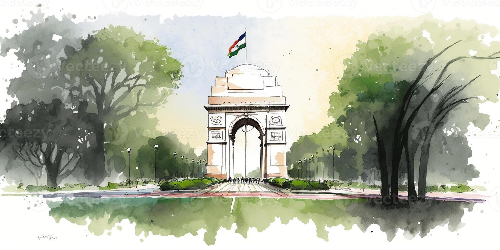 illustration de Inde porte dans Nouveau delhi sur abstrait drapeau tricolore Contexte. ai généré. photo