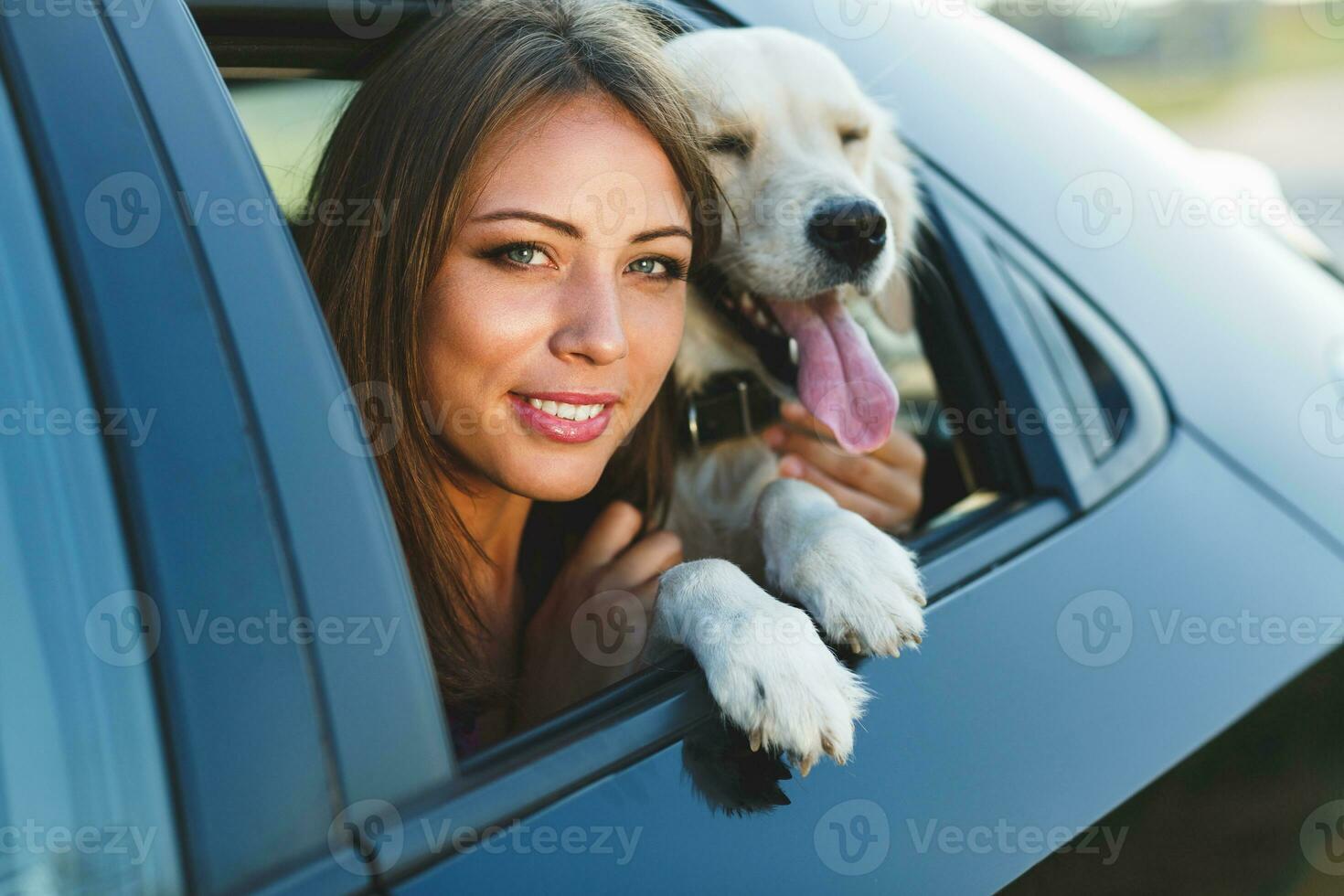 femme et chien dans auto. vacances avec animal de compagnie concept. photo