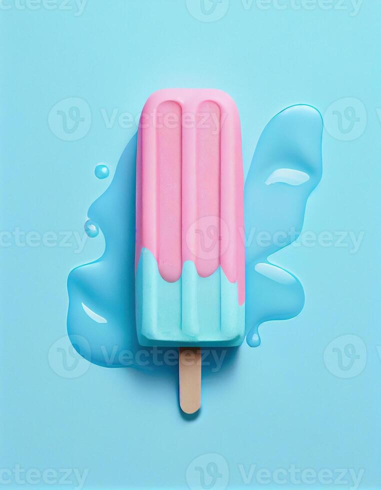 la glace crème popsicle fusion sur le bleu pastel arrière-plan, établi avec génératif ai photo