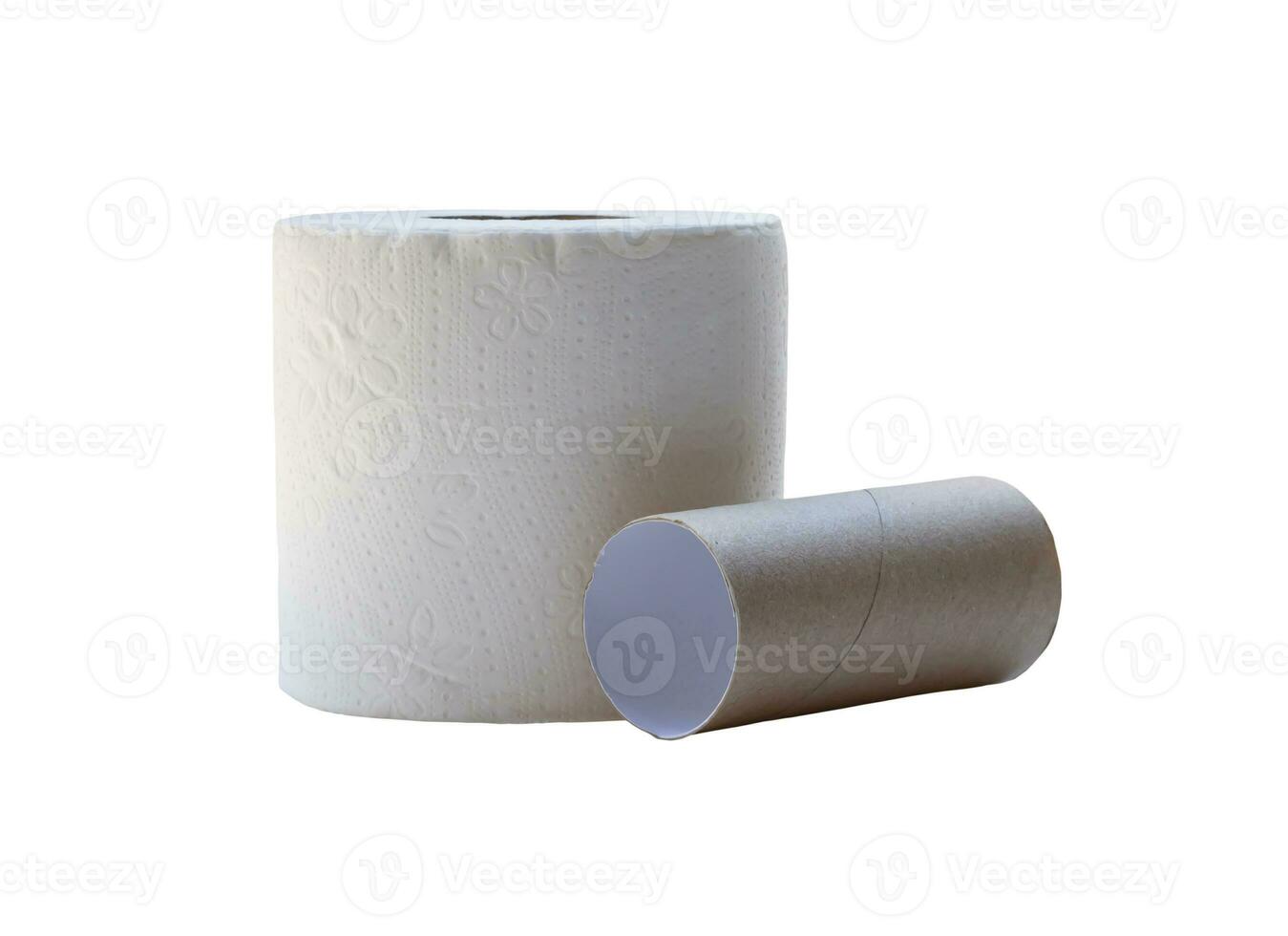 rouleau unique de papier de soie blanc ou de serviette préparé pour être utilisé dans les toilettes ou les toilettes isolé sur fond blanc avec un tracé de détourage photo