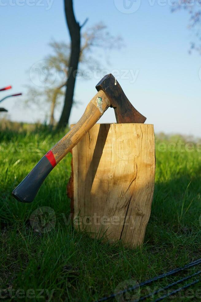 hache. gros hache dans une bois enregistrer. couper le bois. photo