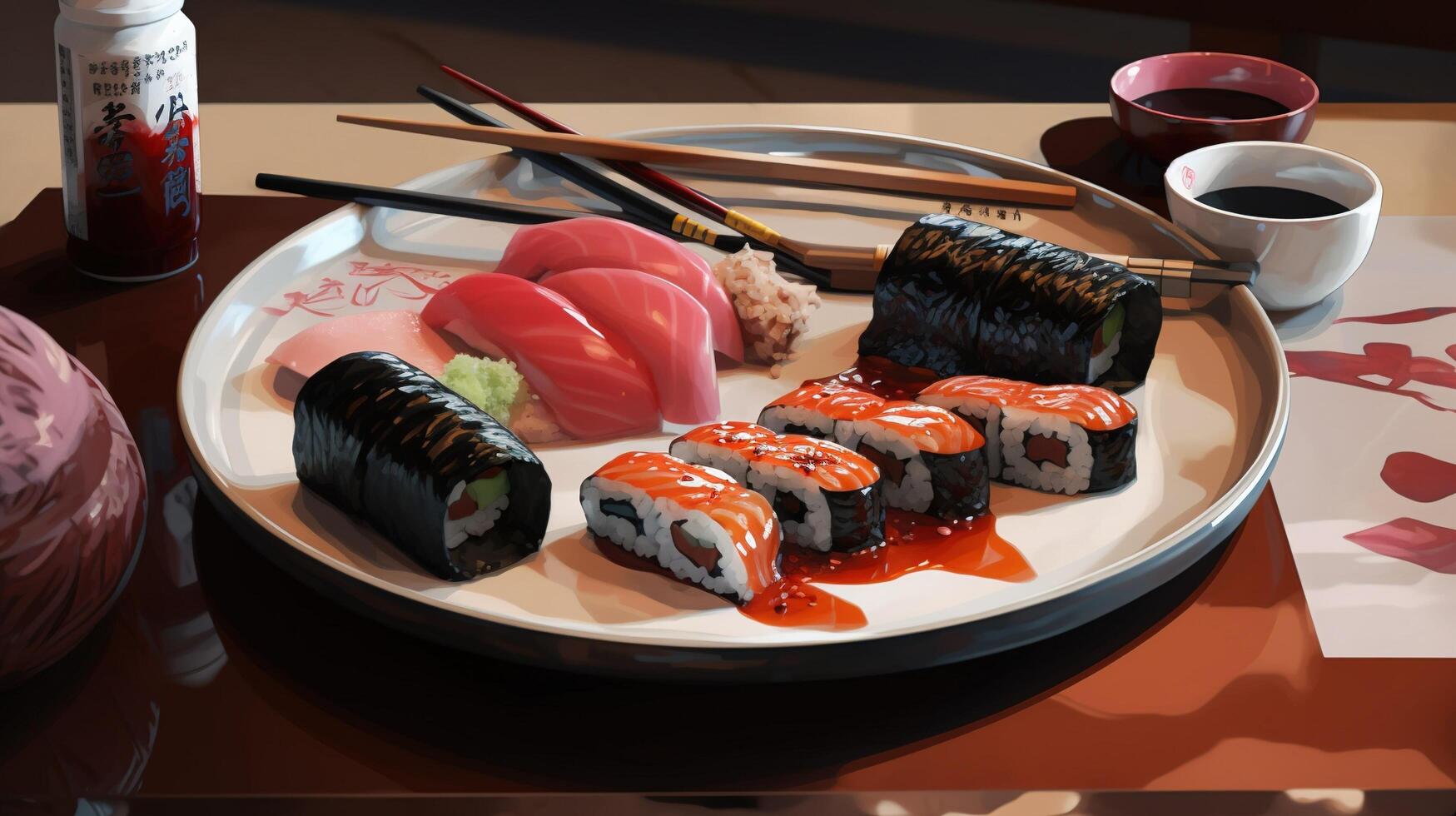 table plein de Sushi et baguettes ai généré photo