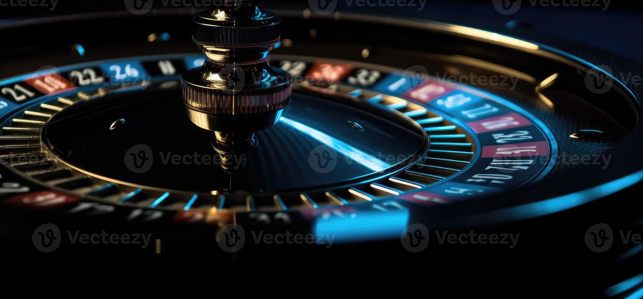 roulette roue avec bleu Contexte et lumières, casino photo. génératif ai photo