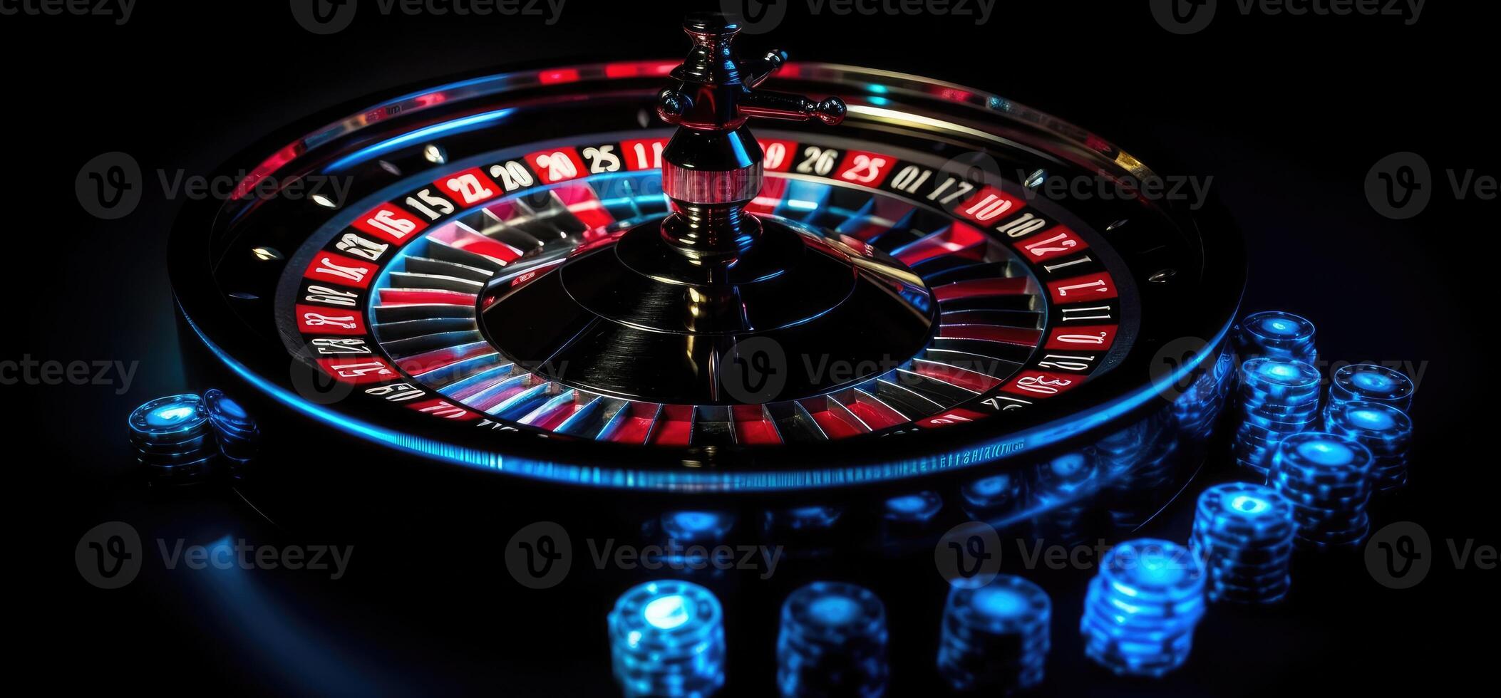 roulette roue avec bleu Contexte et lumières, casino photo. génératif ai photo