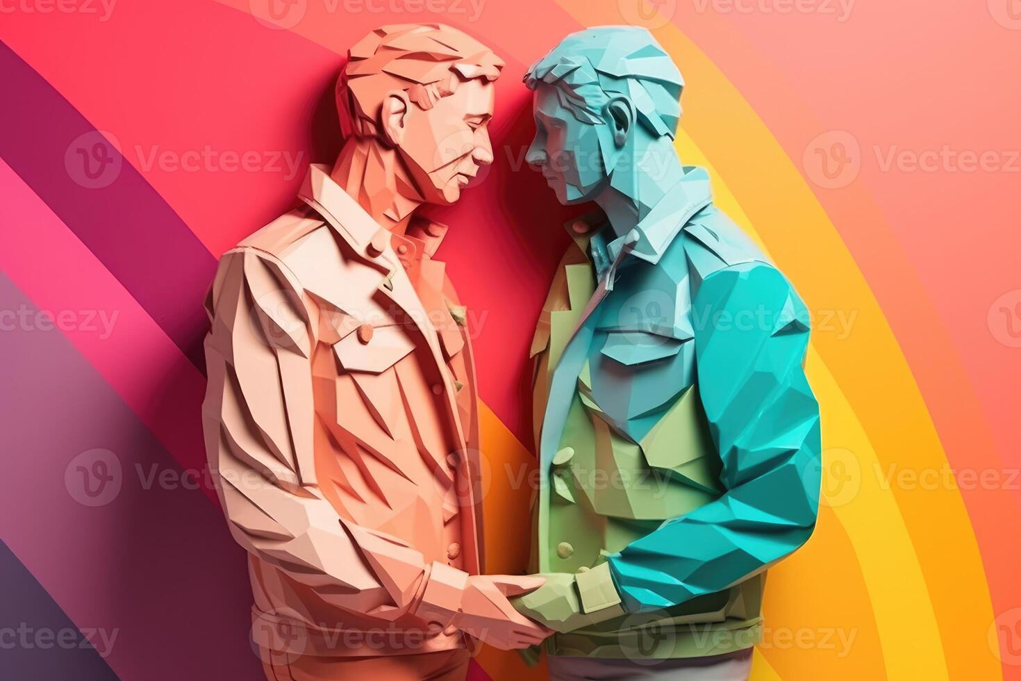 gay Hommes étreindre chaque autre, illustration dans papier art style pour fierté mois. génératif ai photo