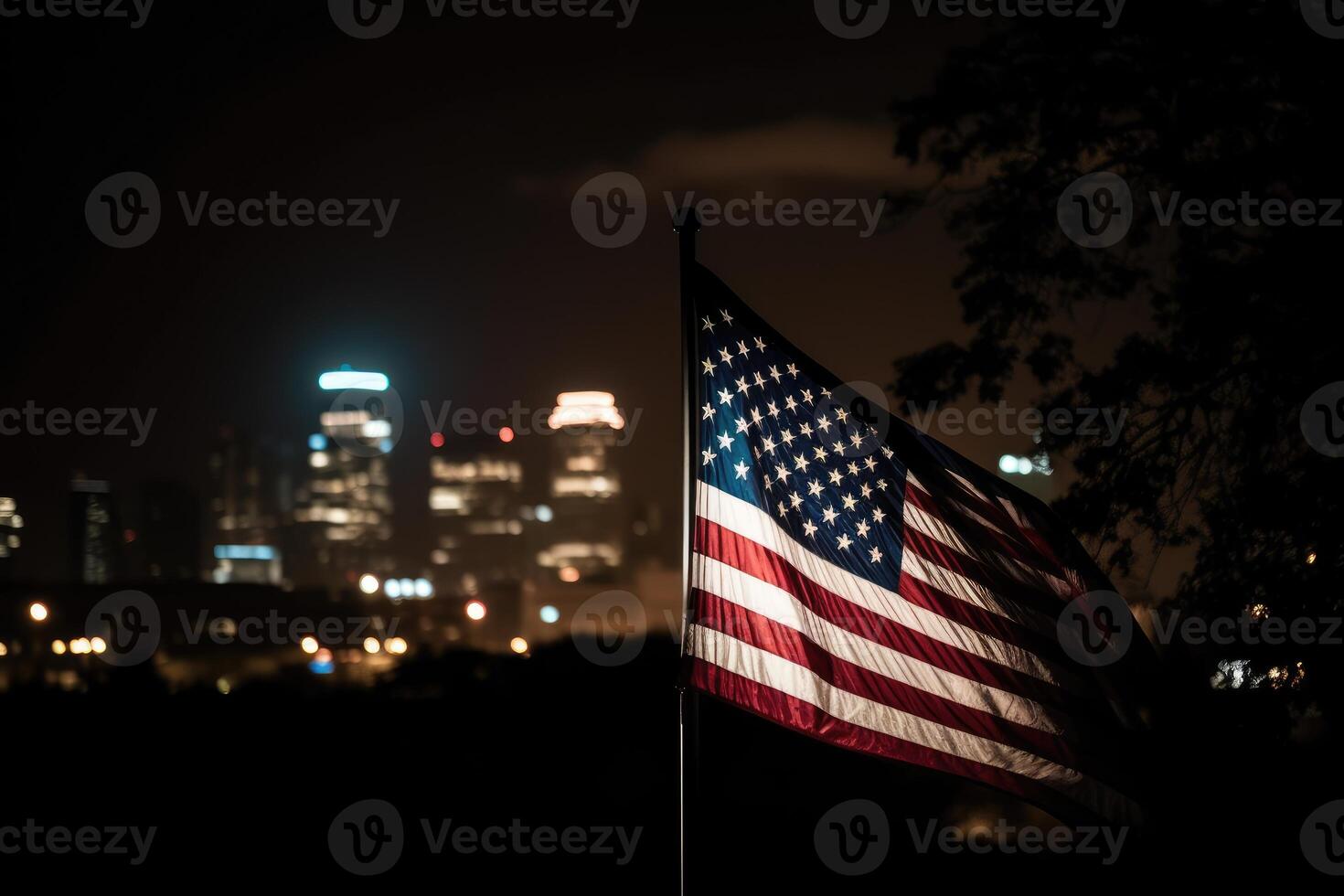 photo de américain drapeau dans de face de bokeh effet de paysage urbain dans Contexte. génératif ai