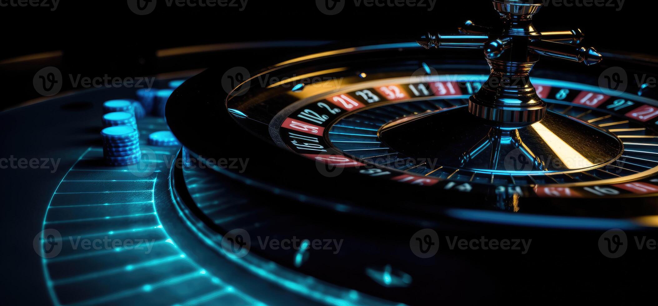 roulette roue avec bleu Contexte et lumières, casino photo. génératif ai photo