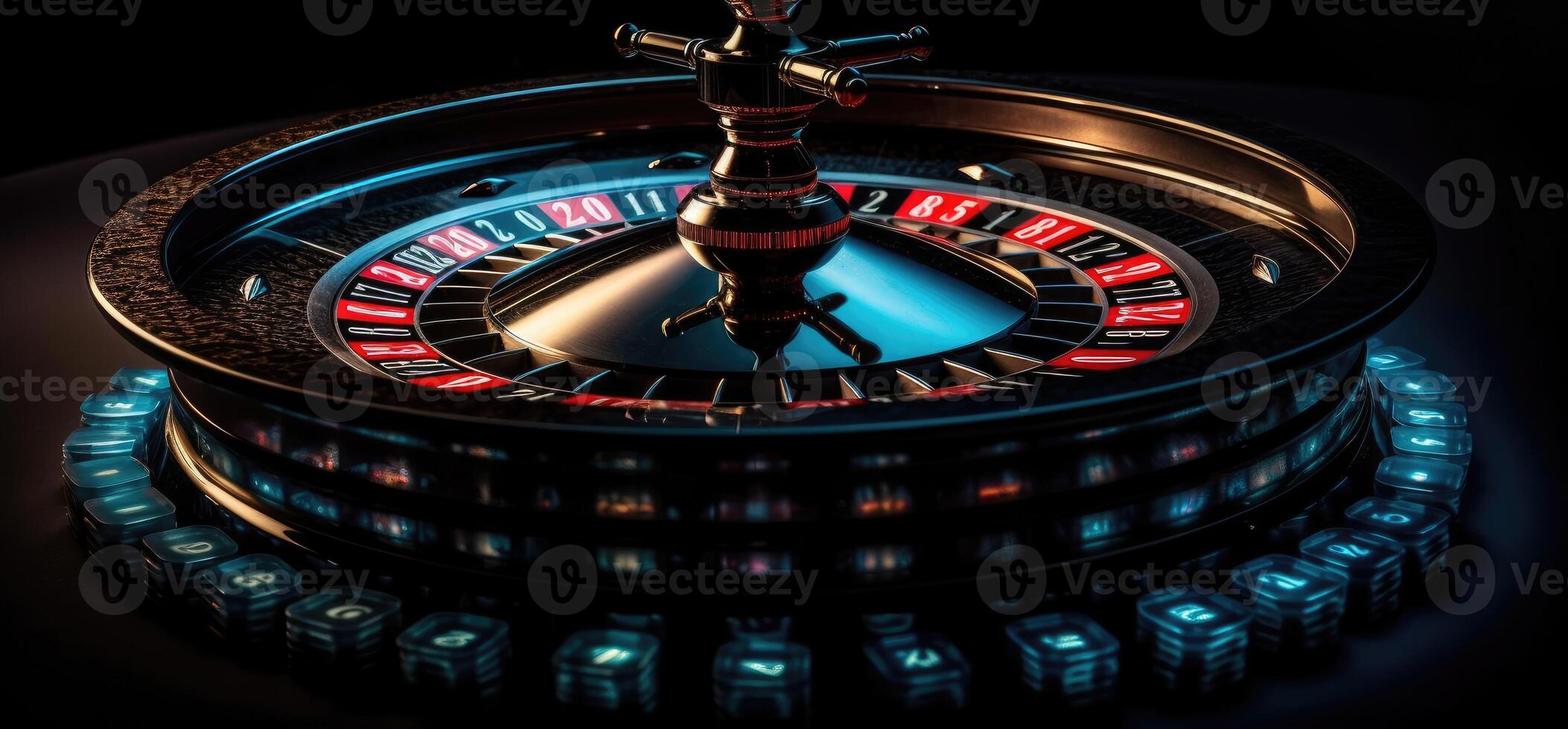 roulette roue avec bleu Contexte et lumières, casino photo. génératif ai photo