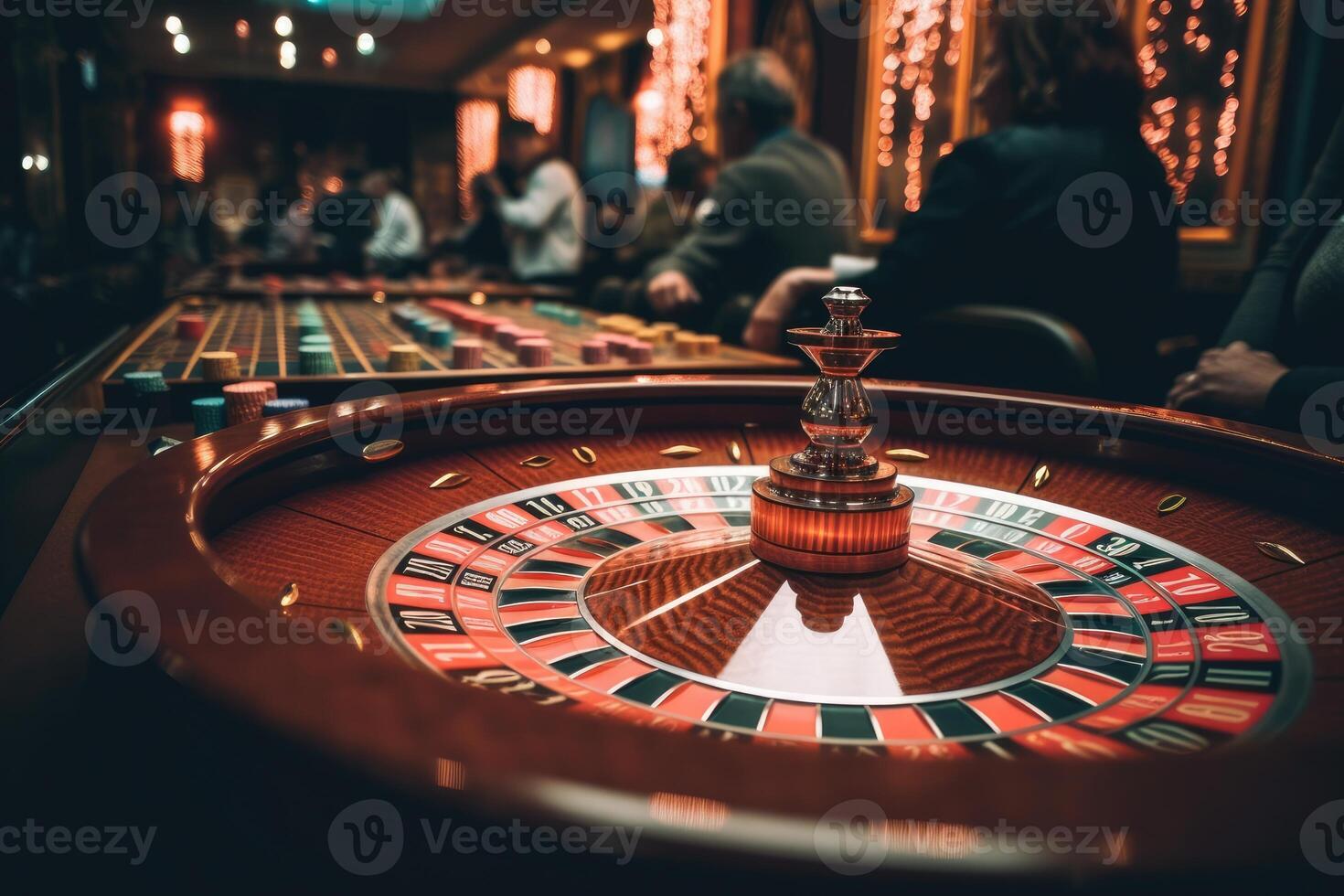 roulette roue, dans le milieu de le table sur le casino tableau. génératif ai photo