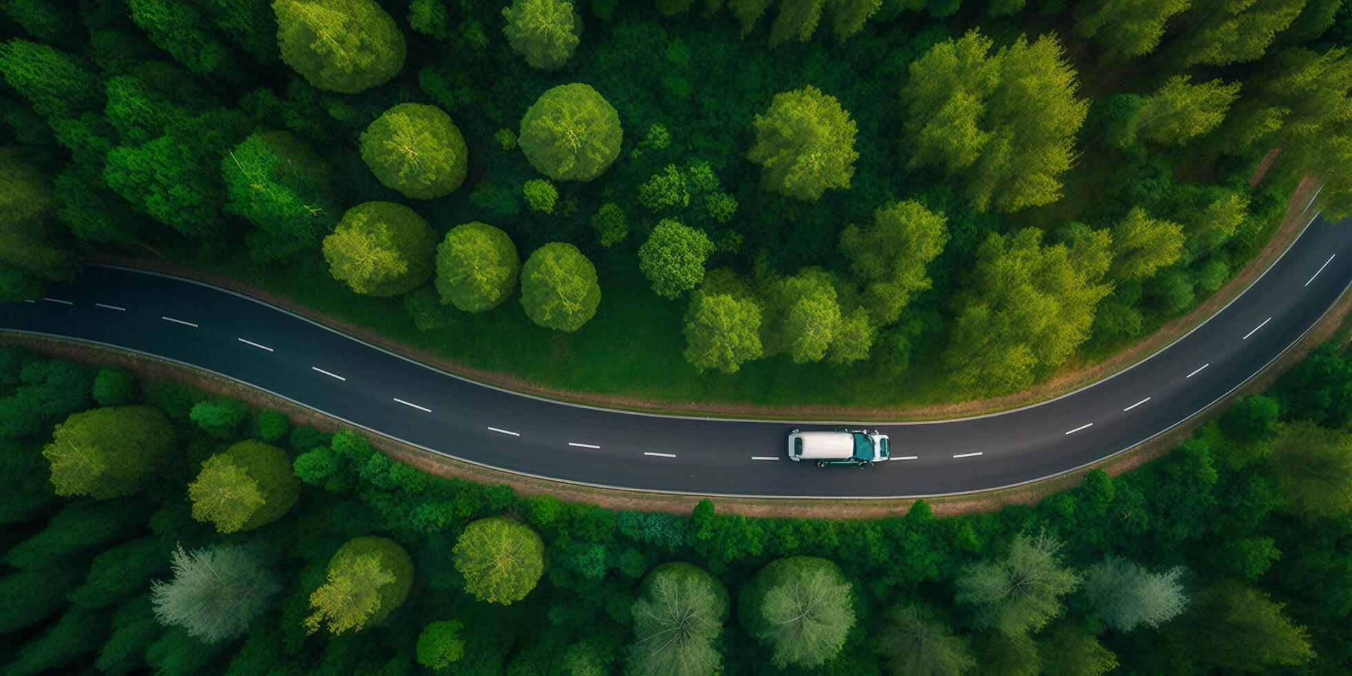 le aérien Haut vue de route parmi le forêt avec ai généré. photo