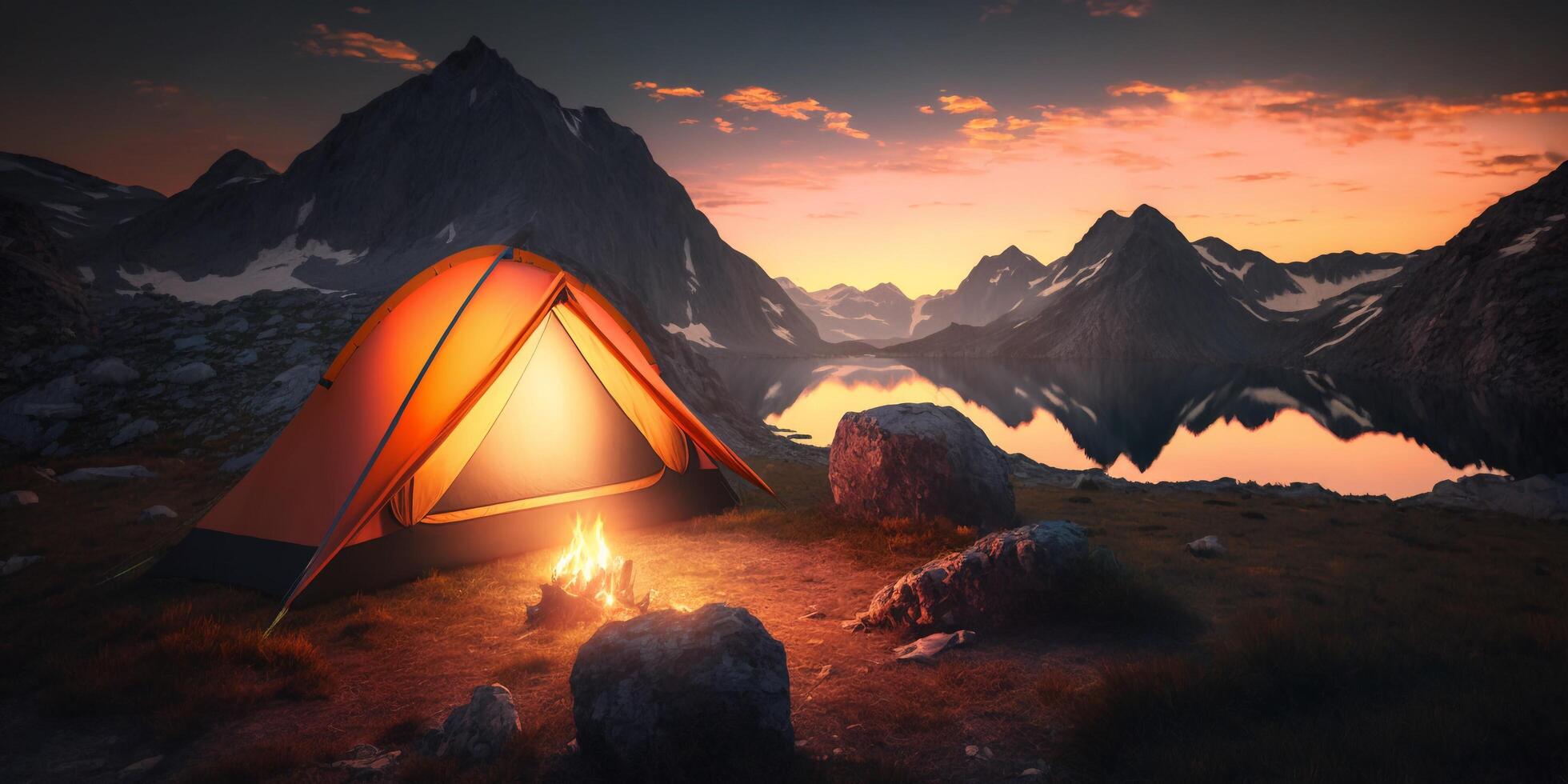 le touristique camping tente est sur montagnes à le coucher du soleil temps avec ai généré. photo