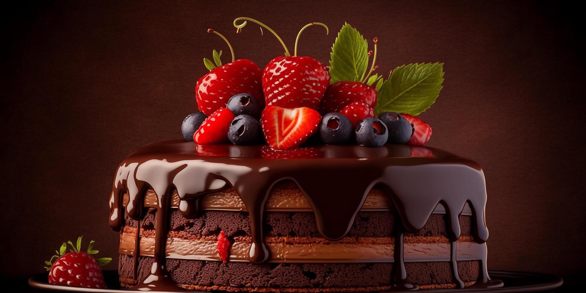 le Chocolat gâteau et fraise Garniture avec ai généré. photo