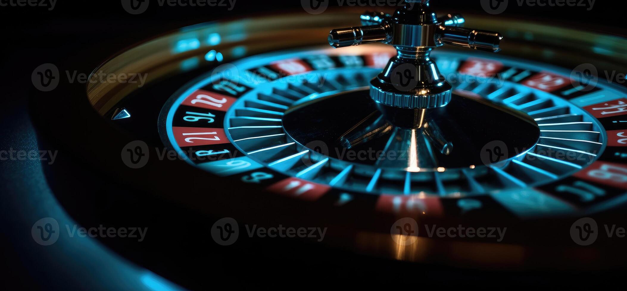 roulette roue avec bleu Contexte et lumières, casino photo. génératif ai photo