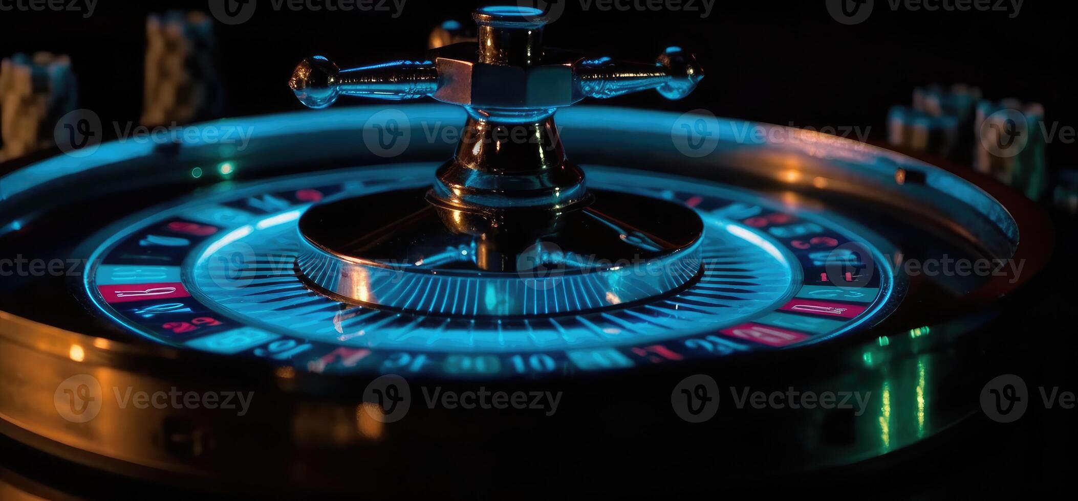 roulette roue avec bleu Contexte et lumières, casino photo. génératif ai photo