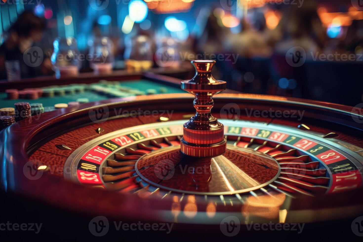 roulette roue, dans le milieu de le table sur le casino tableau. génératif ai photo