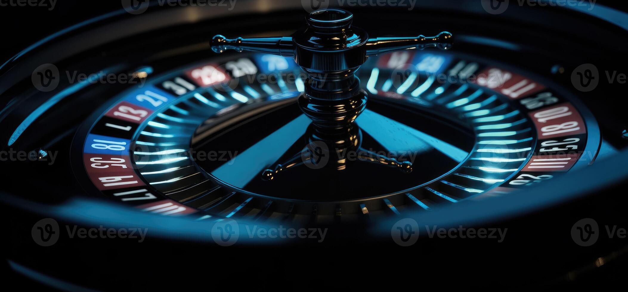 roulette roue avec bleu Contexte et lumières, casino photo. génératif ai photo