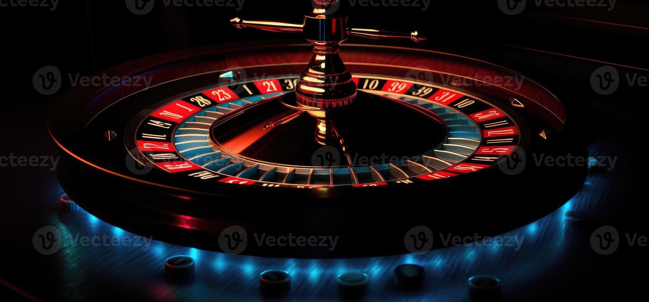 roulette roue avec bleu Contexte et lumières, casino photo. génératif ai photo