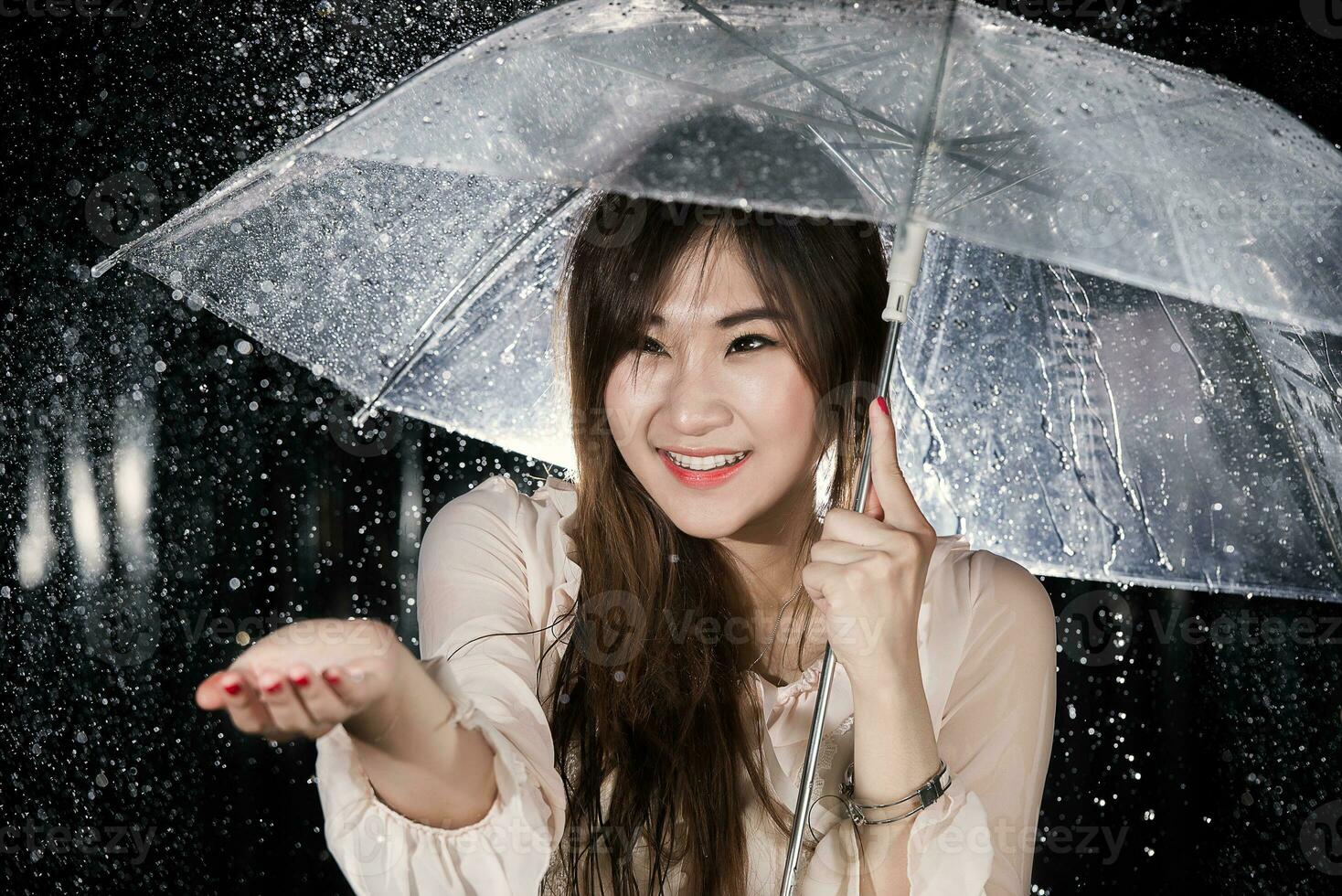 content chinois fille avec pluie et transparent parapluie photo