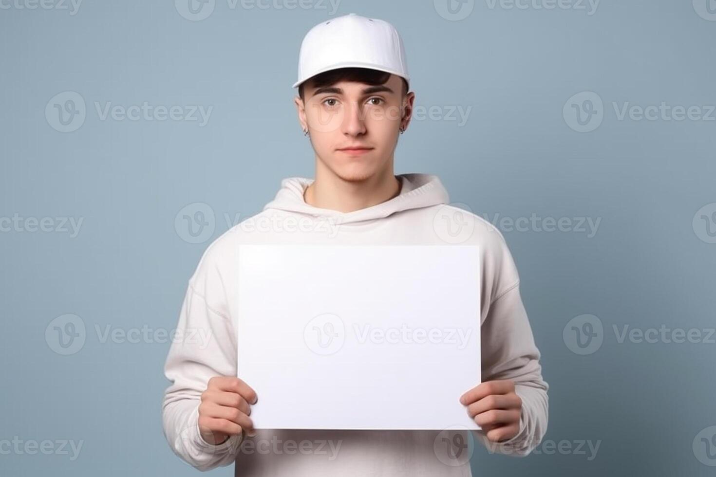 ai génératif une homme détient une Vide blanc signe planche maquette dans le sien main photo