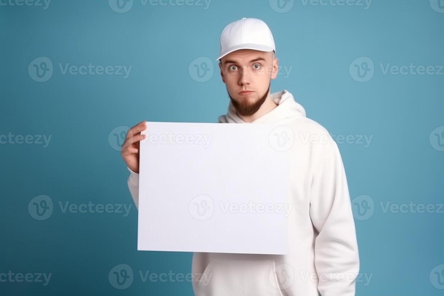 ai génératif une homme détient une Vide blanc signe planche maquette dans le sien main photo