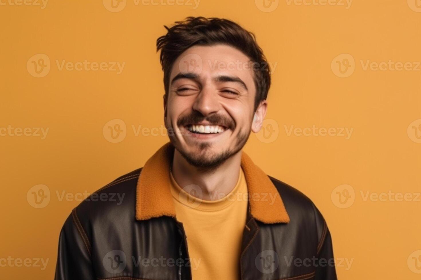 ai génératif une homme sur solide Couleur Contexte avec une sourire faciale expression photo