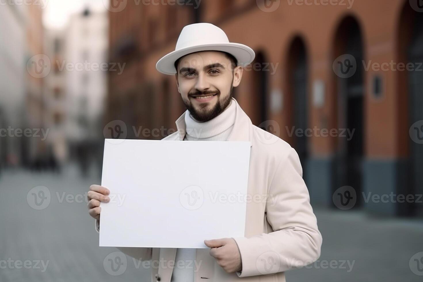 ai génératif une homme détient une Vide blanc signe planche maquette dans le sien main photo