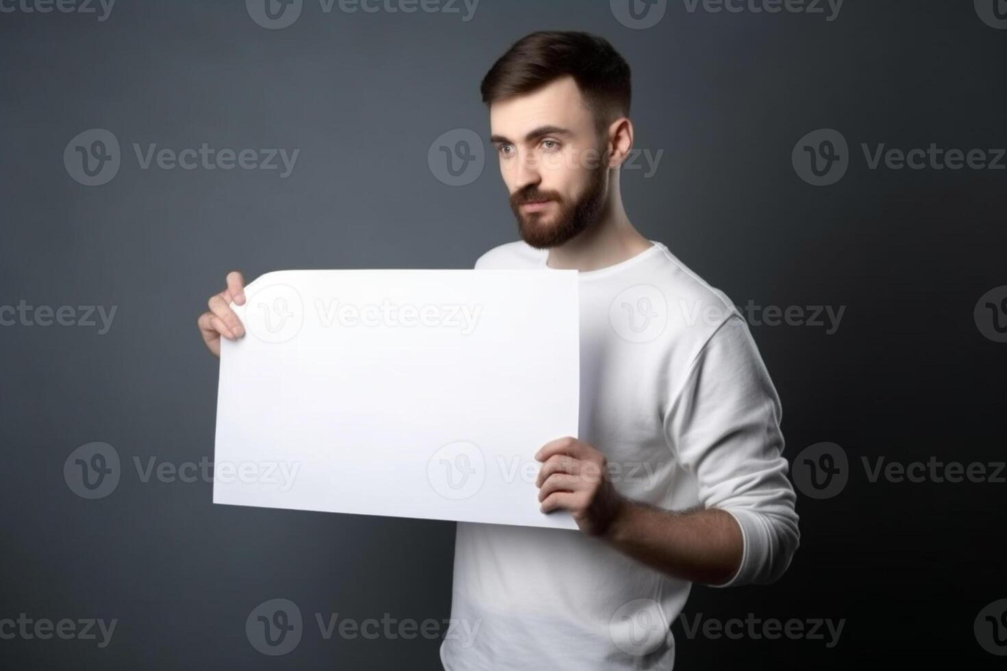 ai génératif une homme détient une Vide blanc signe planche maquette dans le sien main photo