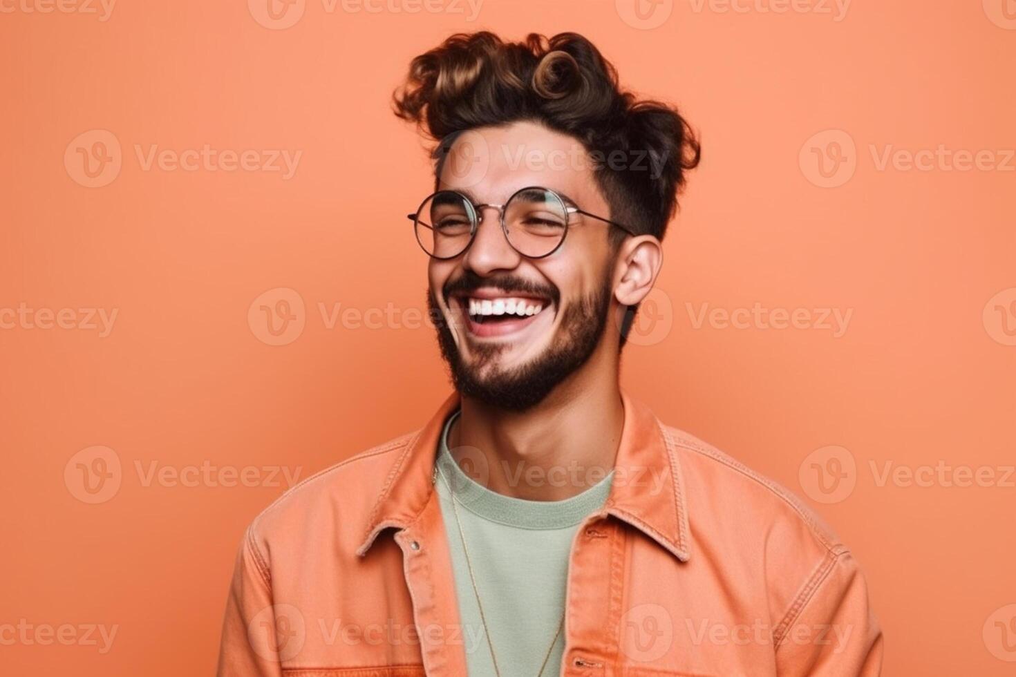 ai génératif une homme sur solide Couleur Contexte avec une sourire faciale expression photo