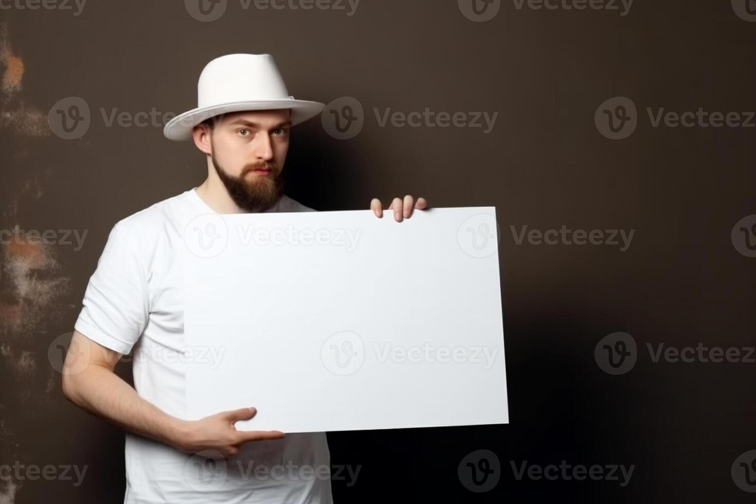 ai génératif une homme détient une Vide blanc signe planche maquette dans le sien main photo