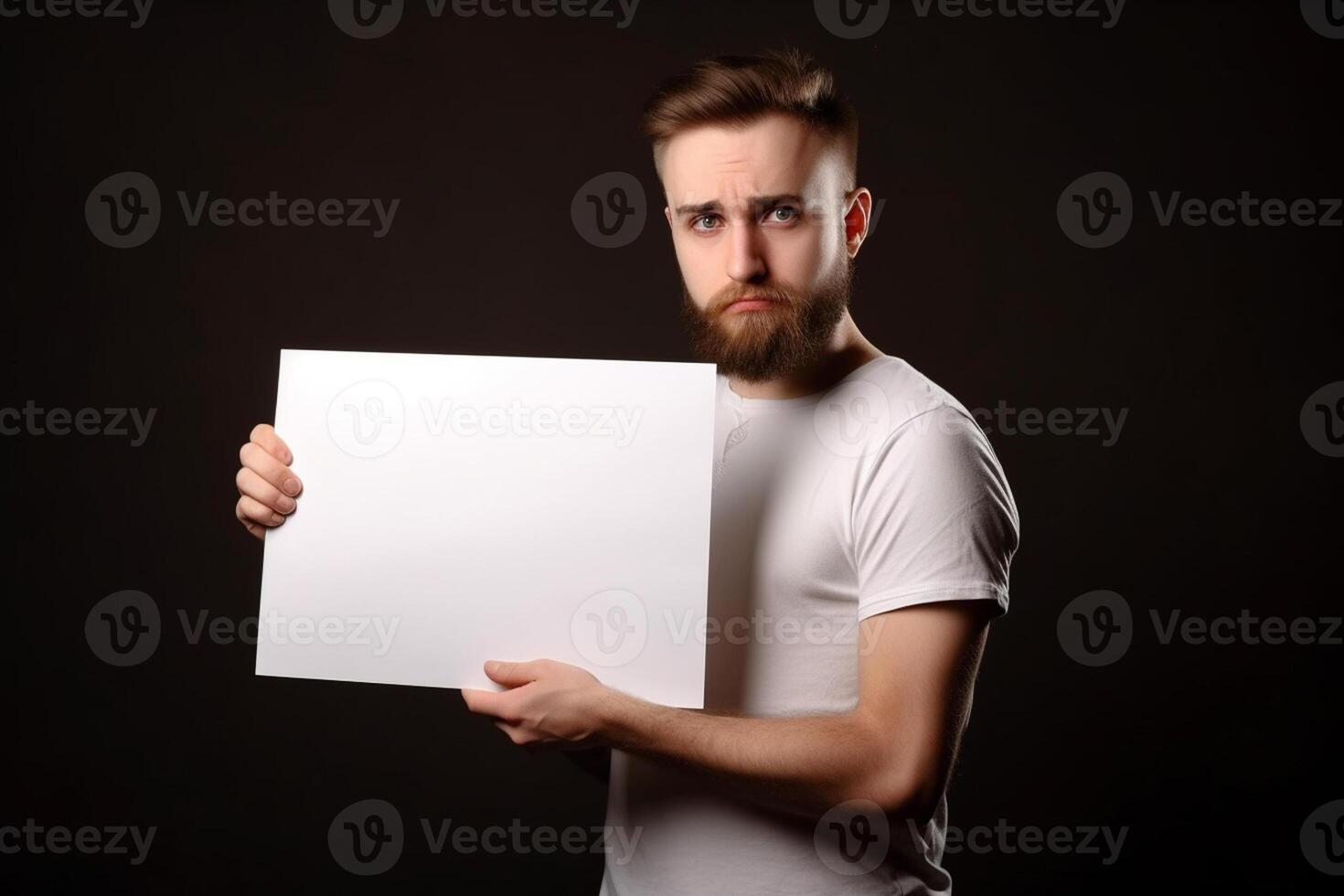 ai génératif une homme détient une Vide blanc signe planche maquette dans le sien main photo