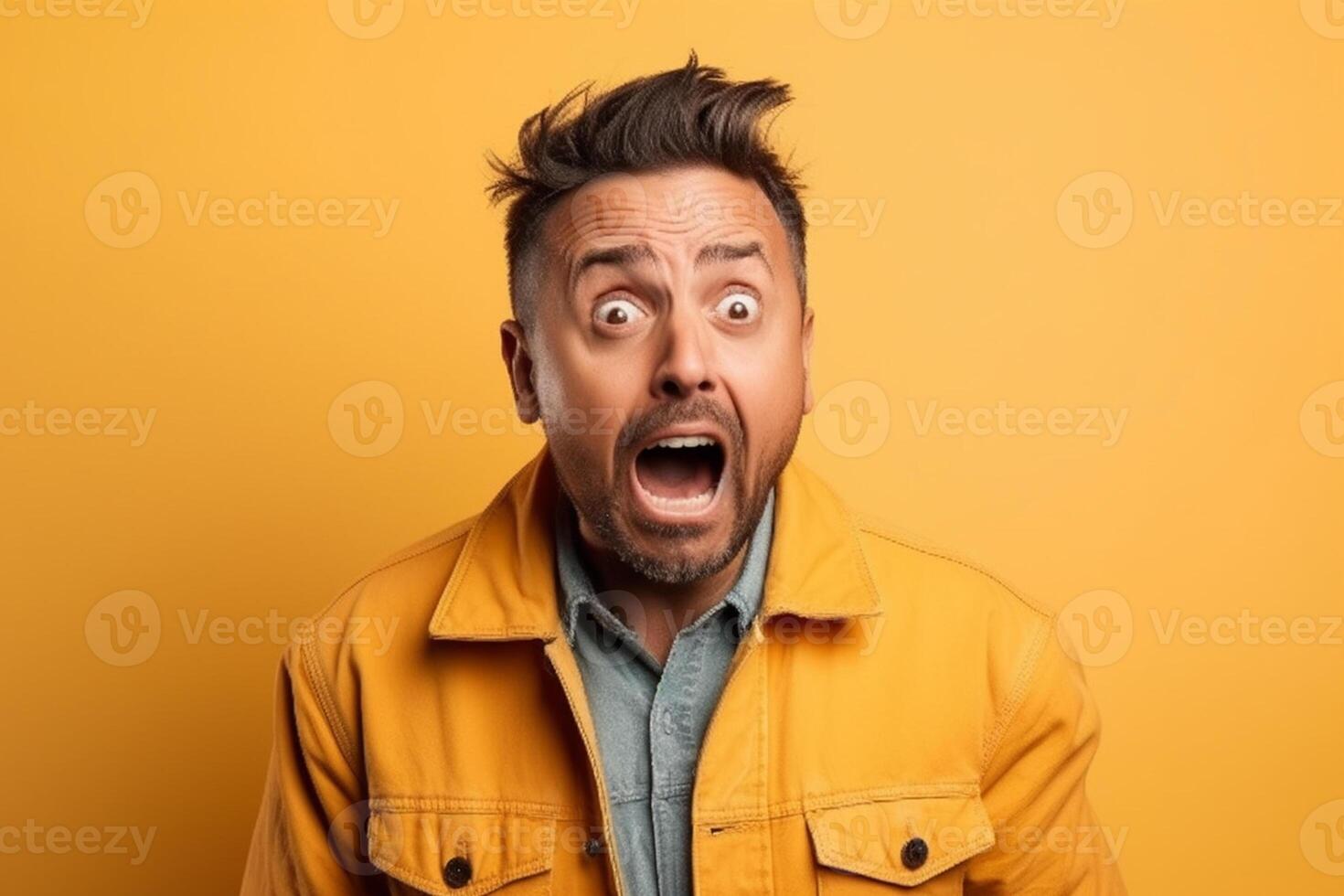 ai génératif une homme sur solide Couleur Contexte séance photo avec surprise faciale expression