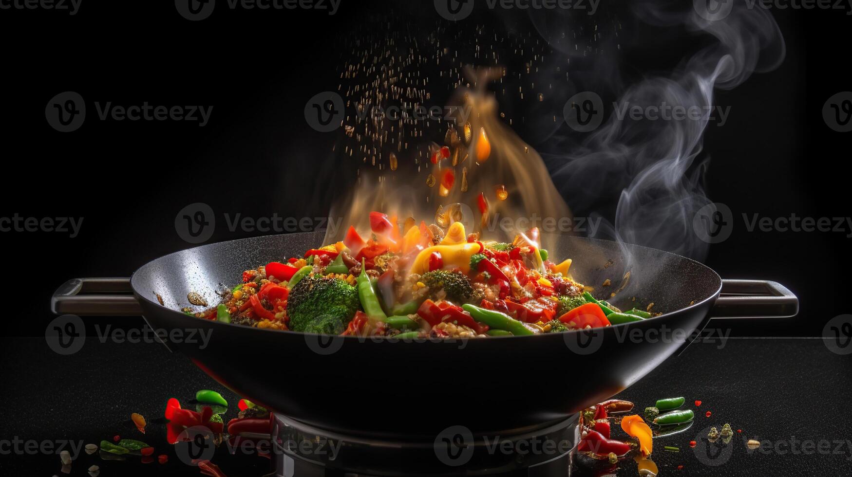 Geler mouvement de wok la poêle avec en volant Ingrédients dans le air et Feu flammes, génératif ai photo