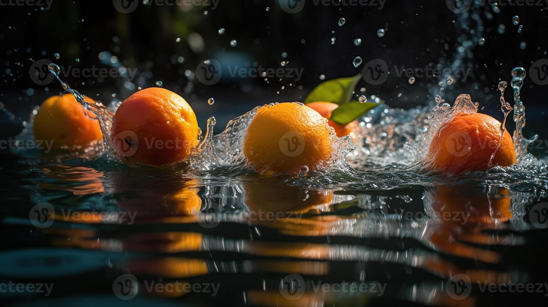 Frais multi des fruits éclabousser dans bleu clair l'eau éclaboussure en bonne santé nourriture régime fraîcheur concept isolé sur noir arrière-plan, génératif ai photo