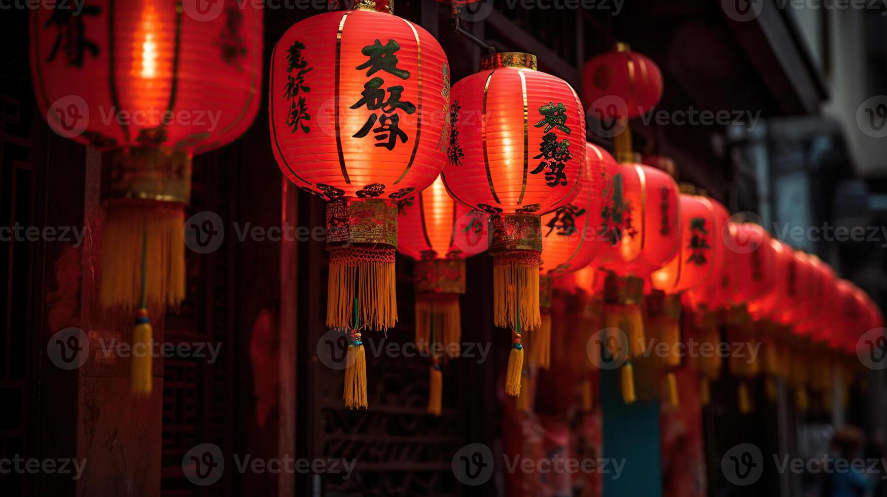 chinois Nouveau année lanternes avec bénédiction, en bonne santé et richesse dans Chine ville, génératif ai photo