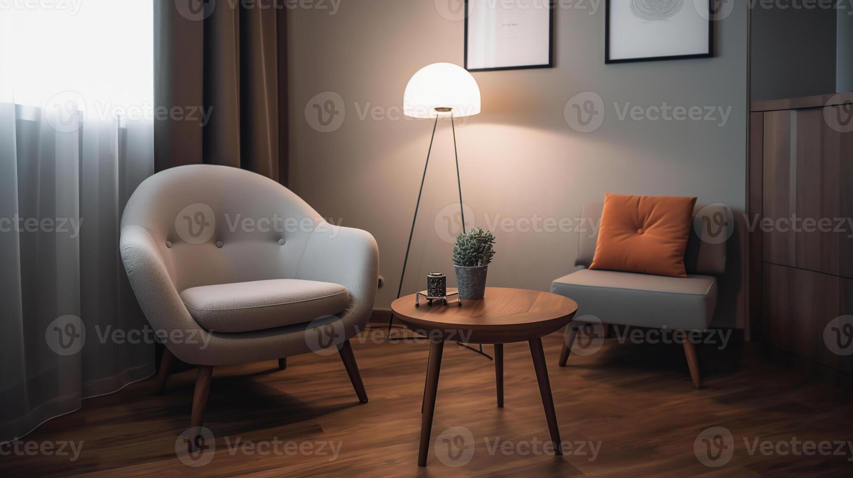 intérieur de moderne pièce avec fauteuil et table près lumière mur, génératif ai photo